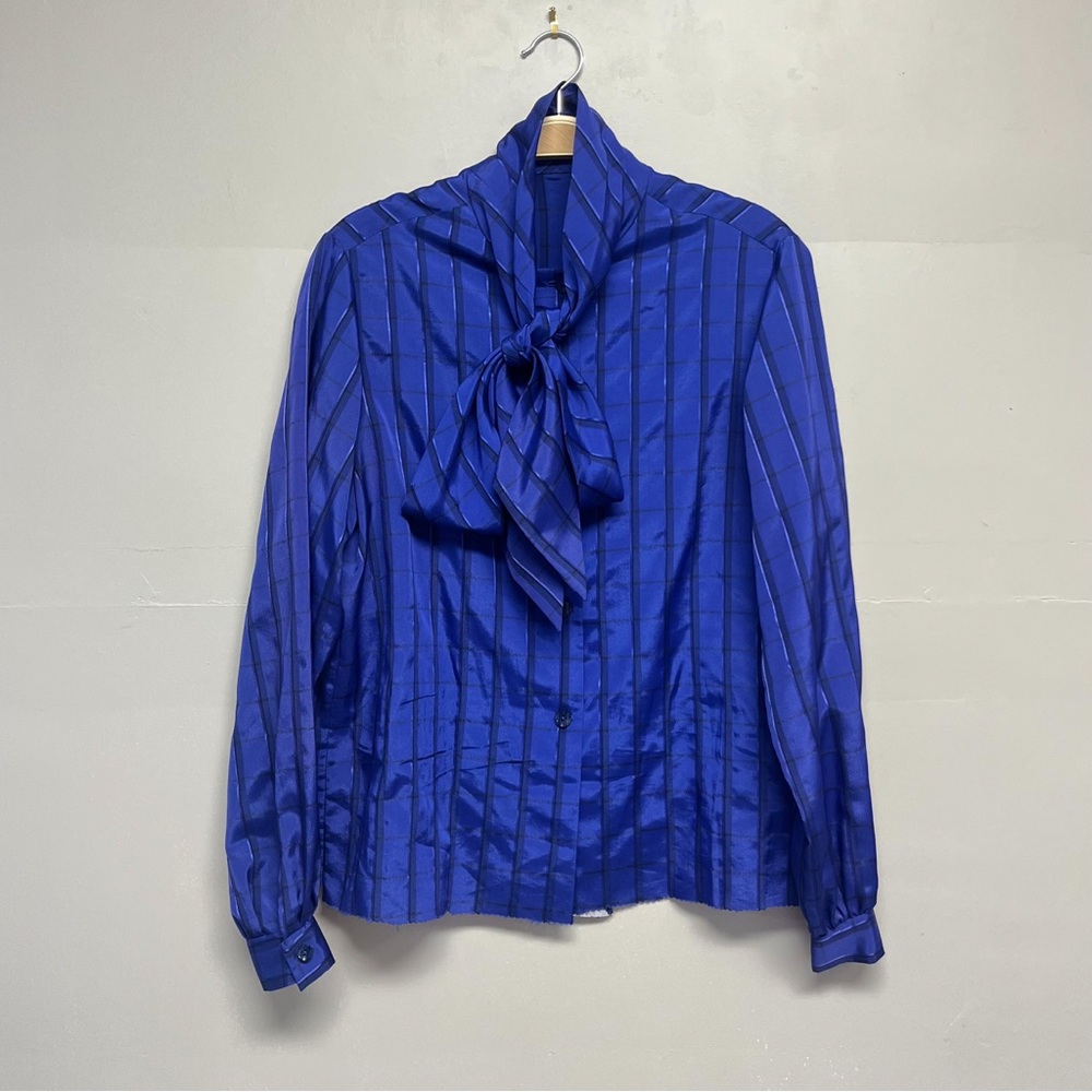 Vintage dark blue striped blouse with tie/bow collar.